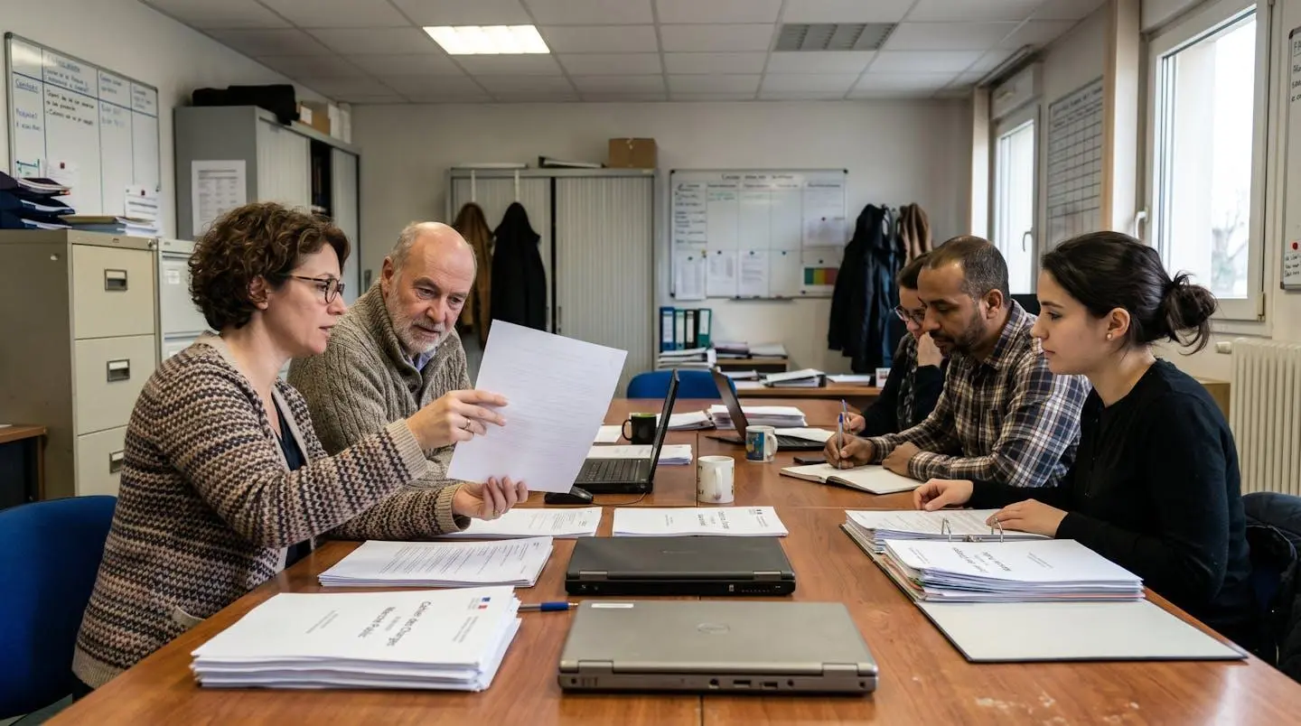 Équipe d'acheteurs publics en réunion de travail examinant ensemble un document autour d'une table, dans un bureau lumineux