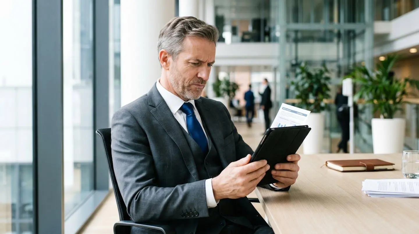Responsable d'entreprise consultant des documents juridiques sur une tablette dans un bureau moderne avec lumière naturelle