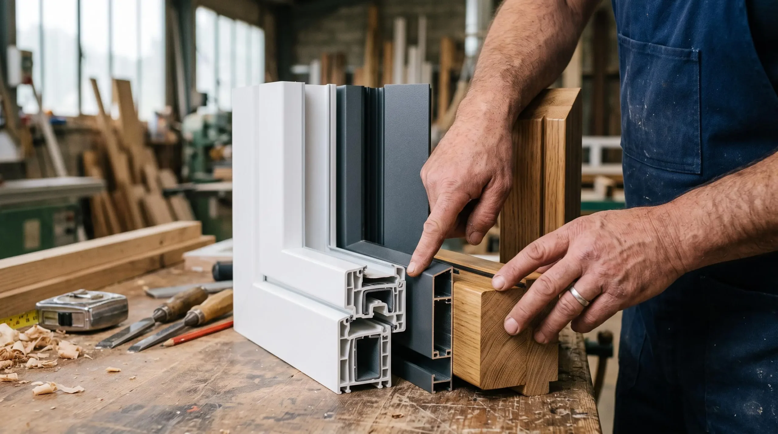 Comparaison détaillée de profilés de fenêtre en PVC, aluminium et bois présentés côte à côte