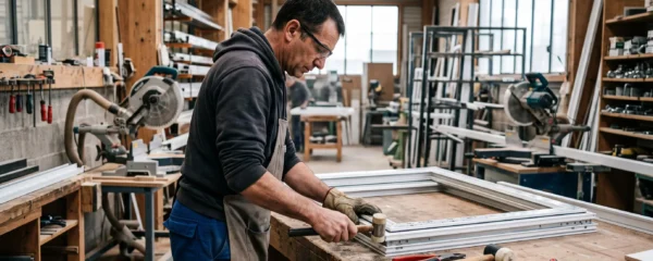 Artisan menuisier assemblant une fenêtre sur mesure dans un atelier de fabrication professionnel