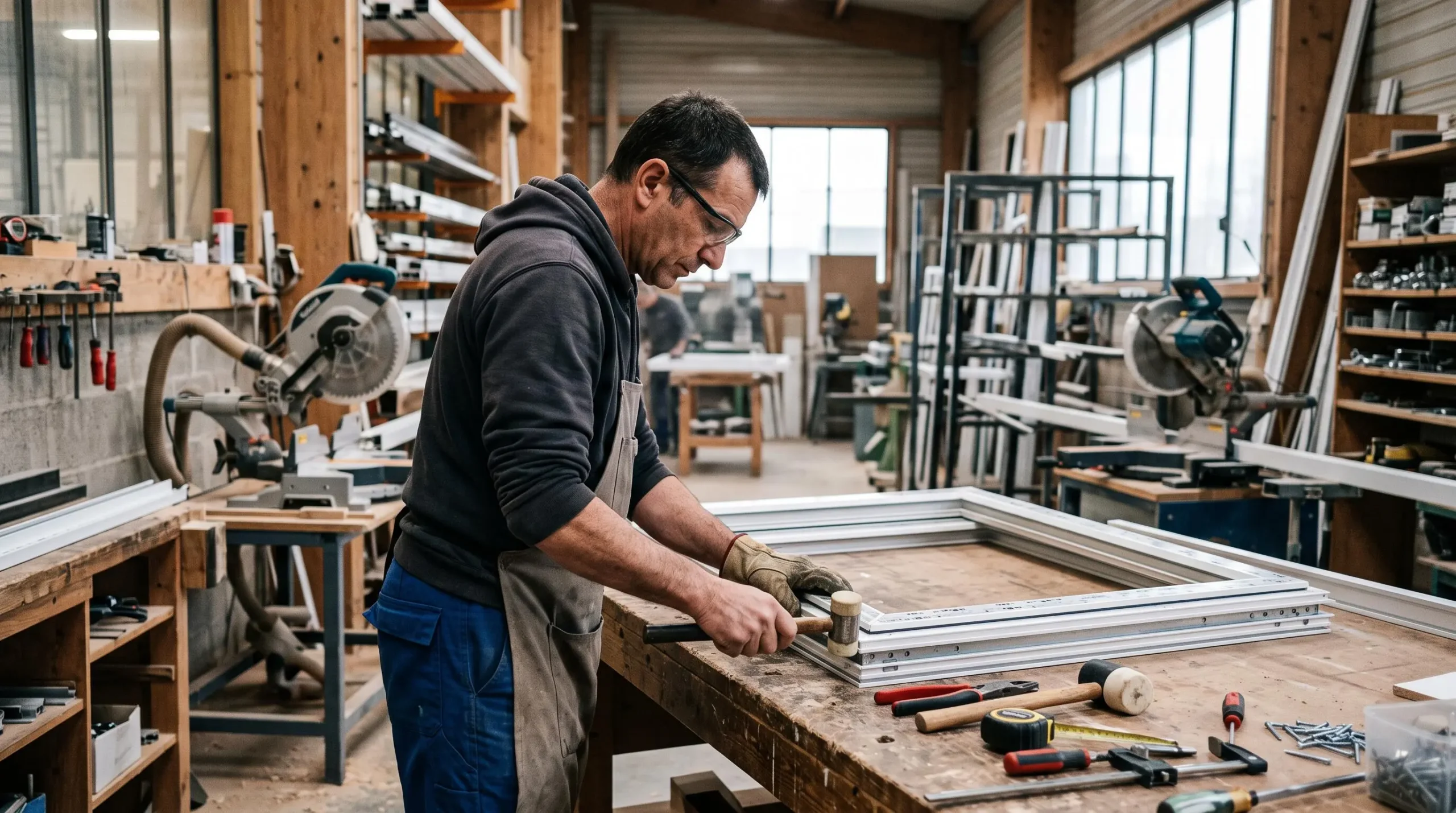 Artisan menuisier assemblant une fenêtre sur mesure dans un atelier de fabrication professionnel
