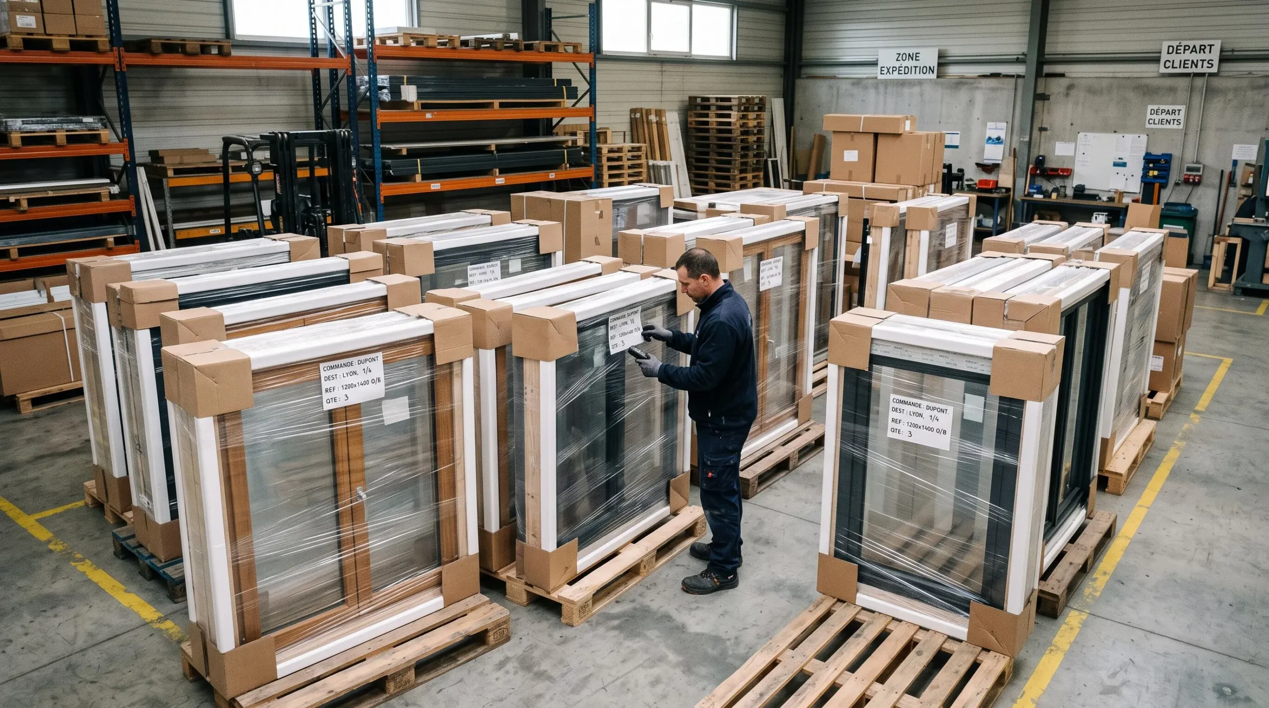 Fenêtres et portes sur mesure emballées et protégées, prêtes pour la livraison dans un entrepôt de fabricant