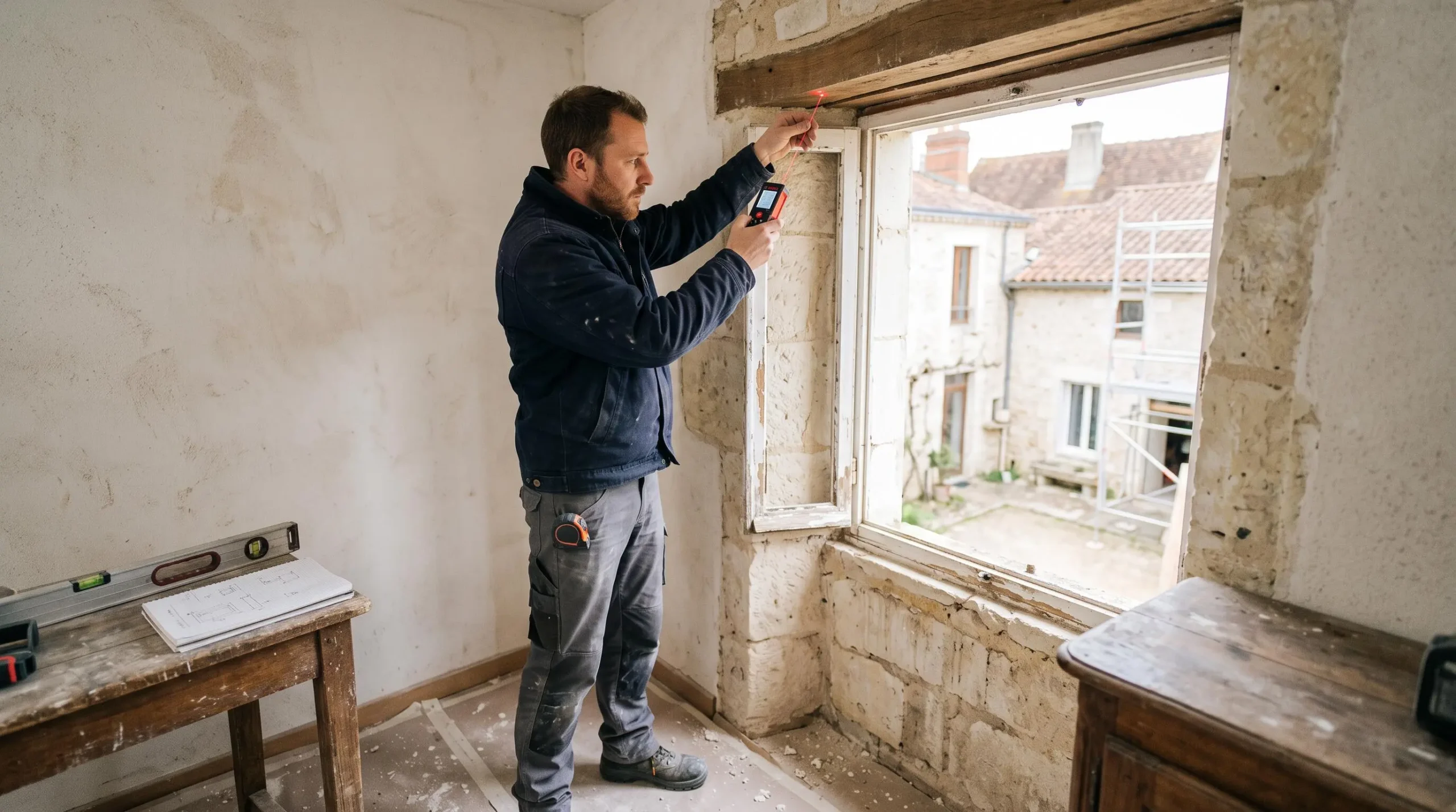 Professionnel mesurant une ouverture de fenêtre existante lors d'une visite technique dans une maison en rénovation